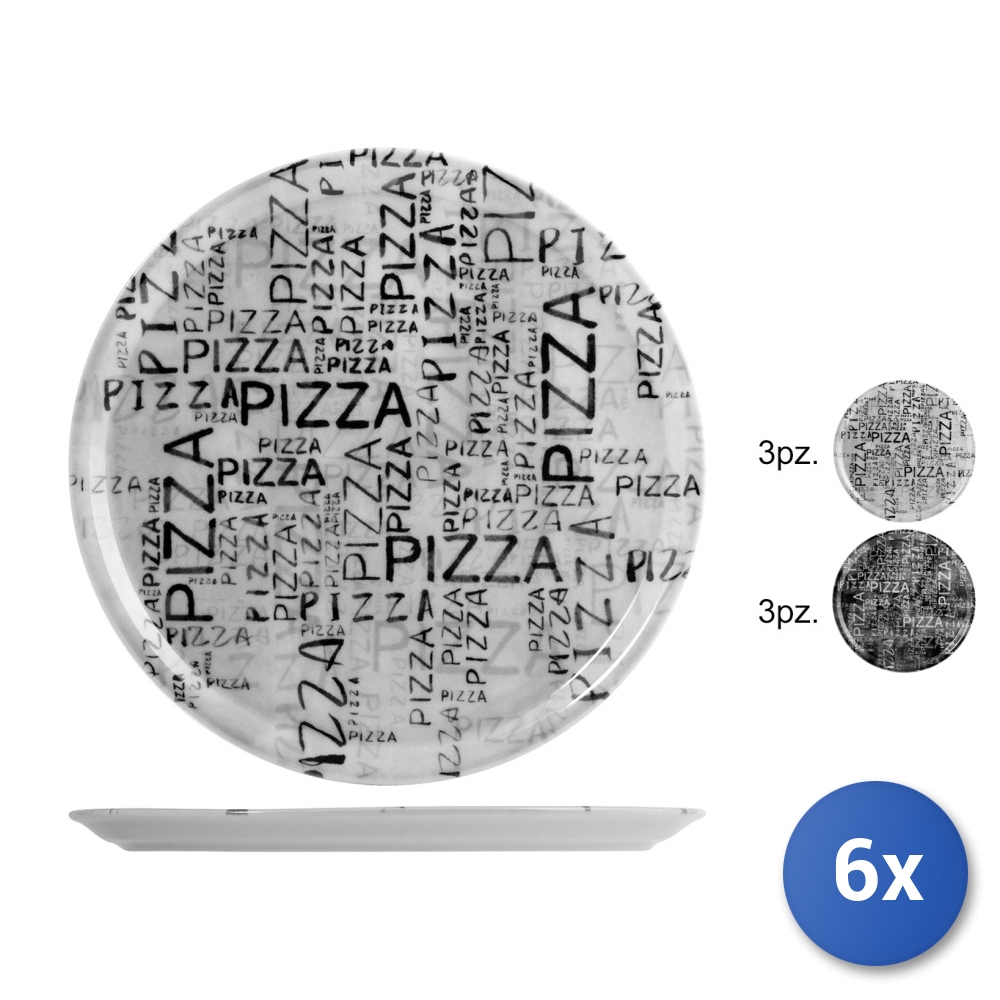 6x Pizza Plate In Porcelain Decoration Black/White 33Cm, White And Black